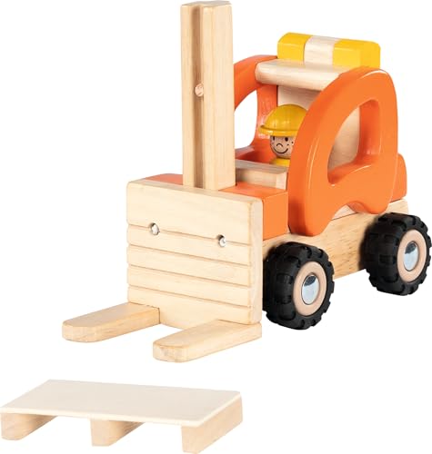goki 55850 - Gabelstapler aus Holz, Robustes Spielfahrzeug mit beweglichen Gummireifen, verstellbare Ladefläche und Palette, fördert die Motorik und Fantasie der Kinder, 20cm x 9cm x 15cm, ab 2 Jahre