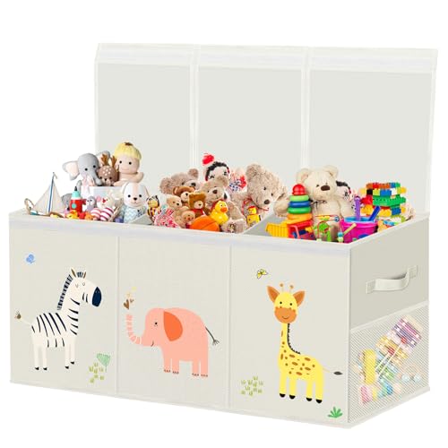 VERONLY Aufbewahrungsbox Spielzeugkiste mit Deckel Kinder Groß - 130L Faltbar Spielzeug Aufbewahrung mit Griffen Trennwand Aufbewahrungsbox für Kinderzimmer Kleidung Schlafzimmer(Beige,99x34x39cm)