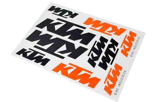 KTM Sticker Aufkleber, Maße 17,2 x 24,8 cm, Bike Industries Logo auf Bogen, Rahmen Aufkleber, Wasserfest, Fahrrad, E-Bike, Rennrad, Orange/Schwarz, 10 Stück