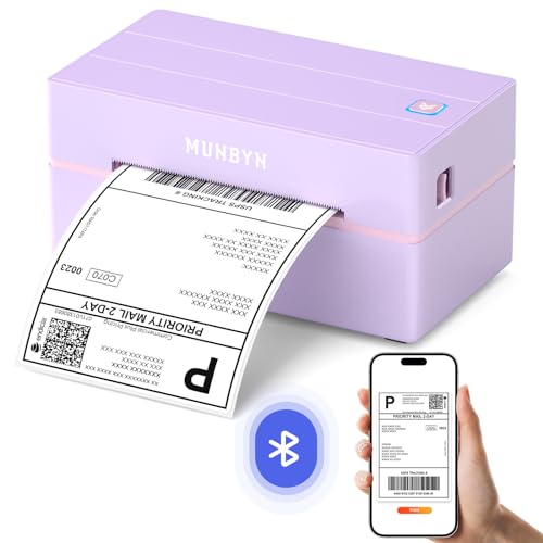 MUNBYN DHL Etikettendrucker Bluetooth, Labeldrucker DHL Versandetiketten Drucker Bluetooth Thermal Printer für Shopify Zalando Ebay Amazon UPS ITPP130B Lila