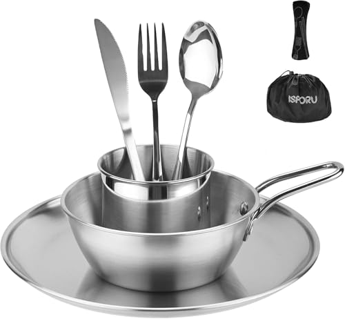 Campingbesteck Set, ISFORU 8 teiliges Outdoor Reisebesteck aus Edelstahl 1 Paar Klappbesteck mit Neoprenhülle 1 Teller 1 Schüssel 1 Tasse für 1 Personen ideal für Outdoor Kochgeschirr Reisen Camping