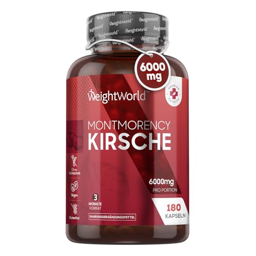 Montmorency Sauerkirschen Kapseln 6000mg - 180 Stück - 120mg Sauerkirsch Extrakt 50:1 pro Portion - Veganer & Vegetarier - 3 Monate Vorrat - Laborgeprüft in Deutschland - Kirschextrakt - WeightWorld