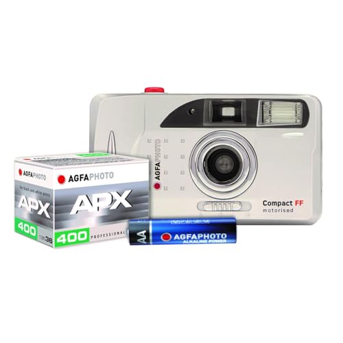 AgfaPhoto Analogkamera Compact FF motorisierter Filmtransport, Blitz, für 35mm Farb- und Schwarz/Weiß-Filme, inkl. Trageschlaufe, Kamerabeutel, Batterie und AgfaPhoto APX 400 S/W Film.