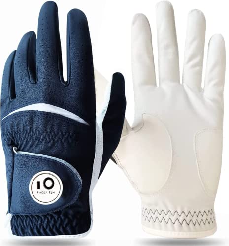 FINGER TEN Golfhandschuhe Herren Golf Handschuhe Links Rechts Leder Handschuh Wert 1 2 Stück Not Paar Golfhandschuh Linke Rechte mit Ball Marker Allwetter Griff (1 Stück Marine, S, Links)