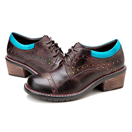 CrazycatZ Damen Leder Oxford Schuhe Perforierte Schnürspitze Bunte Leder Vintage Bunte Schuhe (Brown, Numeric_38)