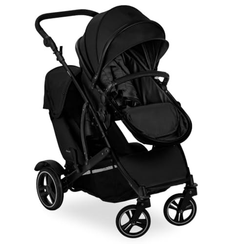 hauck Geschwister Kinderwagen Duett 4 - Buggy für 2 Kinder inkl. Beindecke und Regenverdeck, Sportsitz zur Babywanne umbaubar, bis 36 kg - Schwarz