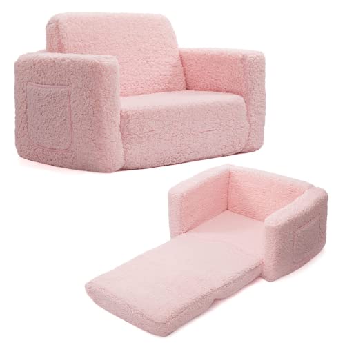 BEJOY Kindersofa Aufklappen 2 in 1 Schlafsofa, Kindersessel, Sherpa Kinder Couch Ausklappbar Kinder Sofa für Kinderzimmer Kindertags- und Geburtstagsgeschenk für Mädchen und Jungen, Rosa