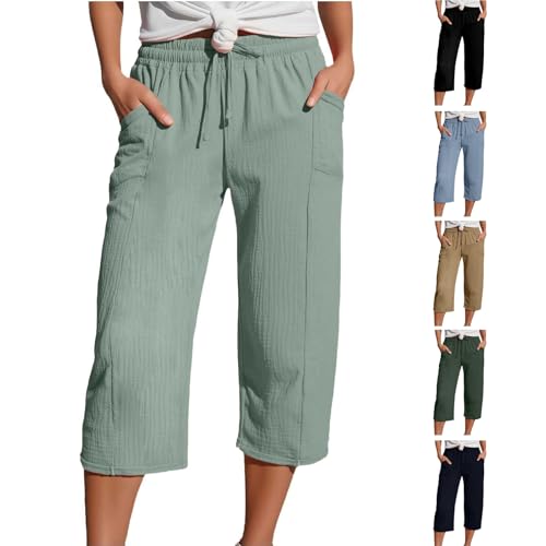 Leinenhose Damen, Shorts aus 3/4 Leinen Mit Verstellbarem Kordelzug am Bund und Taschen Für Outdoor-Strandspaß Bequeme und Atmungsaktive Lange Hose Elastisches Material Für Sport und Tägliche Reisen