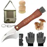 LOMUG Pilzmesser mit Bürste und Lineal, Taschenmesser Klappmesser Edelstahl Pilzsammler Messer für Champignon/Trüffel, Schwammerlmesser Mushroom Knife mit Handschuhe Pilzbürste Pilzsammeltasche