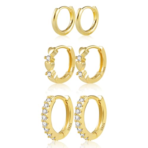 Gold Ohrringe kleine Creolen Set für Damen, 3 Paar Huggie Sleeping Kleine Ohrringe Set Sterling Silber Ohrringe Cartilage Kleine Creolen Ohrringe Set Zirkonia Ohrringe set für mehrere Piercings