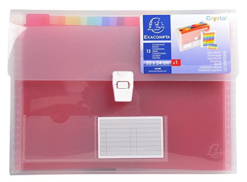 Exacompta 55298E Premium Kunststoff-Fächermappe Crystal 33 x 25 cm mit 13 farbigen Fächern mit dehnbarem Rücken und Druckknopfverschluss zur Aufbewahrung Ihrer Dokumente Ordnungsmappe transparent