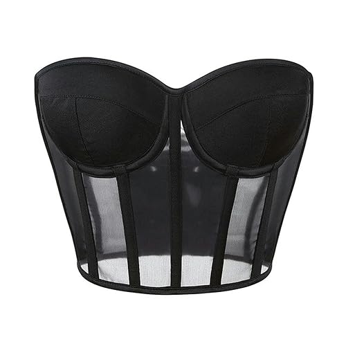 CABULE Sexy Korsett Schwarzer, transparenter BH, Netz-Push-Up-BH, Damen-Tops, Korsett-BH, Club-Party, Kurze Oberteile, Dessous, Übergröße, Schwarz, M