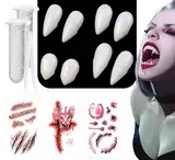 RUIXUE® 10 Stück Vampir zähne Erwachsene, 4 Größen Vampir zähne, 3 Stück Halloween Tattoos, mit 2 Tube Zahnpellets Kleber, für Cosplay Party Requisiten Halloween Horror Party Reißzähne.