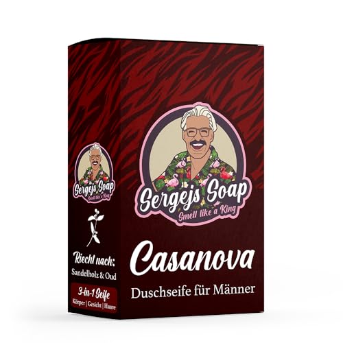 Sergejs Soap - Casanova | Festes Seifenstück 3 in 1 Seife mit 100% natürlichen Inhaltsstoffen | Duft: Sandelholz | Naturkosmetik