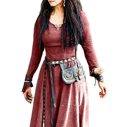 WEITING Mittelalterliches Kleid Damen Langarm Maxi Robe Vintage Fee Elfenkleid Renaissance Keltisch Wikinger Gothic Kleidung Fantasy Ball -Weinrot,XL