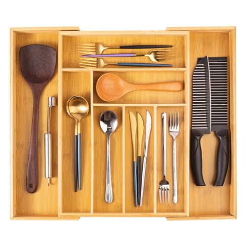 LiangYuanZen Deluxe Bambus Besteckkasten für Schubladen, ausziehbar33–52 x 43 x 5 cm, 6bis8 Fächer, Besteck Organizer Schubladeneinsatz, für Küche Organizer aus Kunststoff für Löffel, Gabeln.