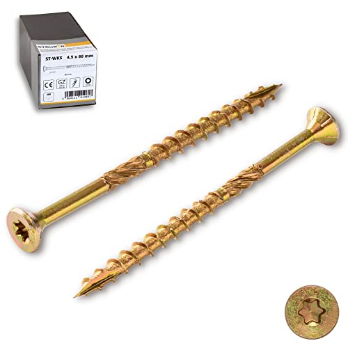 STRÜBER Holzschrauben mit Torx-Antrieb (4,0 x 60 mm / 200 Stück) Holzbauschrauben mit TX-Buchse - Spanplattenschrauben Gelb verzinkt - Senkkopfschrauben für Dachkonstruktionen - Universalschrauben