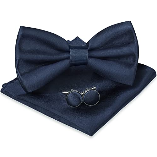 URAQT Fliege Herren, 3-teiliges Klassische Einfarbig Fliegen mit Einstecktuch Manschettenknöpfe für Männer, Smoking Fliege Schleife mit Haken, Schmale Bow Tie für Hochzeit Party (Navy blau)