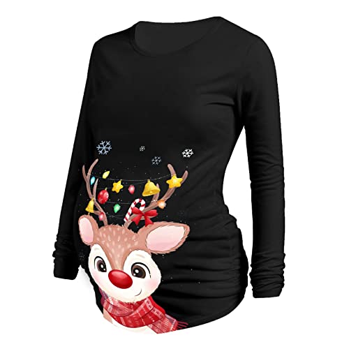 Cocila Damen Christmas Maternity Long Sleeve Drucken Cartoon Printed T-Shirt Tops Pregnancy Blouse Geraffte Umstandsshirt Umstandstop Umstandsmode Schwangerschaft Weihnachten