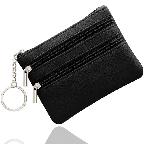 Klein Münzbörse, Leder Geldbörse Kreditkartenbörse mit DREI Fächern, Reißverschluss, Schlüsselanhänger, Klein Geldbeutel Business Card Mini Wallet für Damen