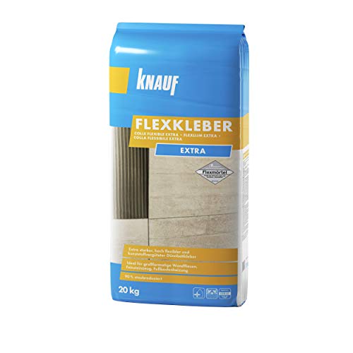 Knauf Flexkleber eXtra, 20 kg, 90% staubreduzierter Dünnbettmörtel für sauberes Arbeiten, extra stark, extra ergiebig, hochflexibel, ideal für großformatige Fliesen