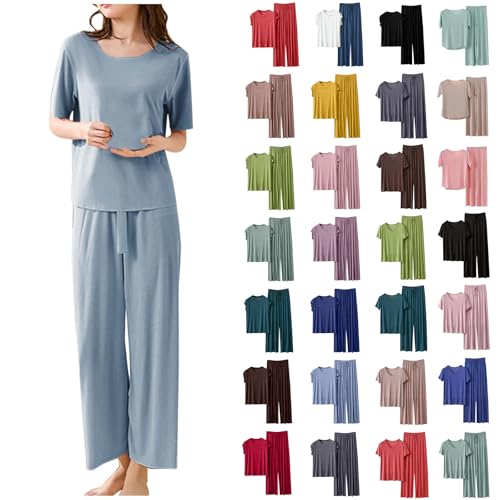 Day Prime Deals Damen Loungewear Set Sommer Kurzarm T Shirt und Lang Schlafanzughosen Homewear 2 Pieces Outfits Elegant Pyjama Rundhals Elastischer Bund Sleepwear Hausanzug Outdoor Freizeit Sets