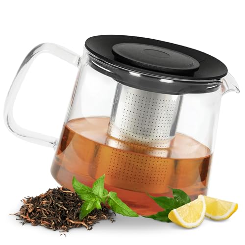 Teekanne "Tea-Time" mit Sieb Edelstahl 1,0 Liter Borosilikatglas Teebereiter Glaskanne Teesieb Filter rostfrei mit Deckel Zubereiter geeignet für kalte und heiße Getränke