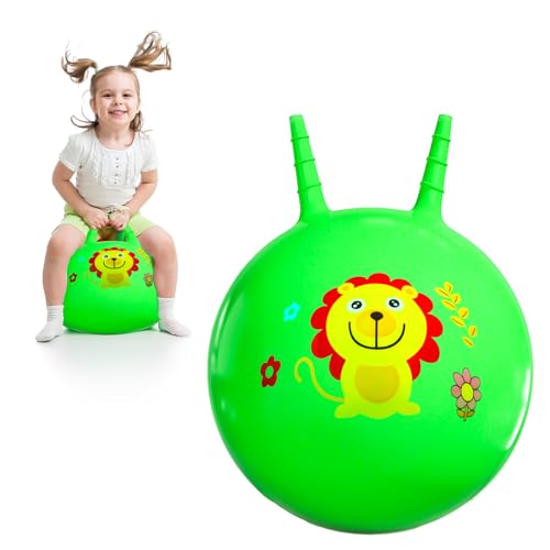 LOHAME Hüpfball Kinder 45cm Hopper Ball Grün Sprungball Aufblasbar Hopseball Spielzeug mit Griff Löwe Springball für Kinder Junge Mädchen ab 3-8 Jahren Draußen Drinnen Garten Spiele Training