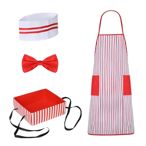 Funhoo 4-teilig 50er Jahre Erwachsene Kellner Kellnerin Kostüm Tablett Kochmütze Fliege Gestreifte Schürze mit 2 Taschen Karneval Zirkus Cosplay Party