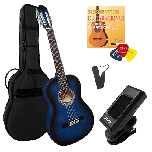 4/4 Gitarre im Set - Konzertgitarre - Classic - Lindenholz - Stimmgerät - Tasche - Band - Saiten - 3xPleks (Blau)