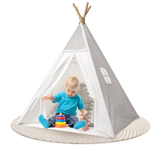 Sleeleece Kinder Tipi Zelt,Tipi Kinderzelt,Klassisches indisches Spielzelt für Kinder,Spielzelt aus Polyester [weiß] & Holz,drinnen & draußen Spielzimmer Babyzimmer Deko für Kleinkinder