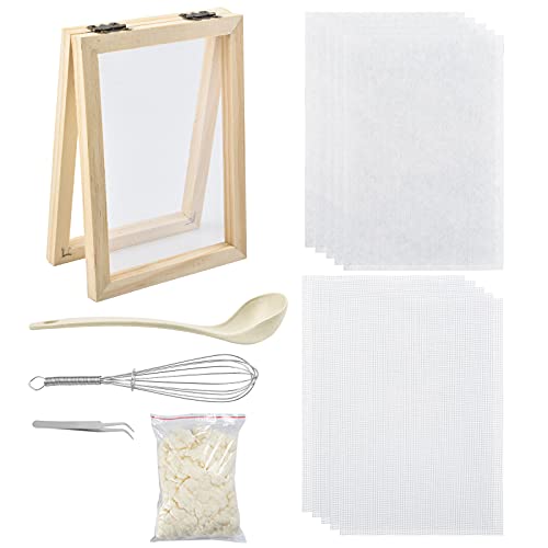 WANDIC Papierherstellungs-Set, handgefertigte Holz-Papierherstellungsform mit Löffel und Netzgewebe und entwässertem Zellstoff, Rahmen Papierherstellung Sieb-Kit für DIY Papierkunst