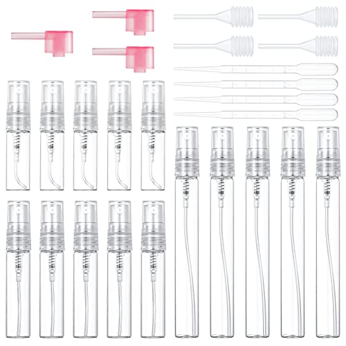 tao pipe 15 Stück Mini Feinnebel Sprühflasche Transparent Glas Reise Leere Zerstäuber Sprühflaschen mit Pipetten und Presskopf für Parfüm, Körperpflege Flüssigkeit, Kosmetik,3ml/5ml/10ml