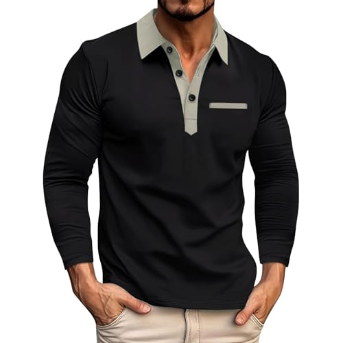 hehiy Herren Poloshirt Langarm Baumwolle Polohemd Freizeit Polo Golf Wintershirts mit Kragen Schwarzes Poloshirt Herren Langarmshirt Herren Slim Fit Schwarz