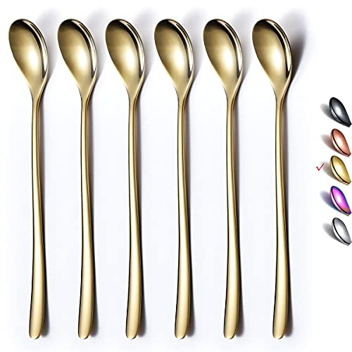 HOMQUEN Goldener Löffel Mit Langem Griff, Kaffeerührer, Premium-Edelstahl-Kaffeelöffel, Eisteelöffel, Eislöffel, Cocktail-Rührlöffel, Teelöffel, 6Er-Set (Gold)