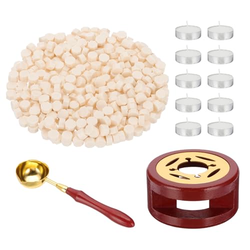 PATIKIL Wachssiegel-Set, 360 Stück Wachskügelchen Siegelset für Umschläge Briefe mit Wärmer, Löffel und Teelichtkerzen für Stempel, Weiß