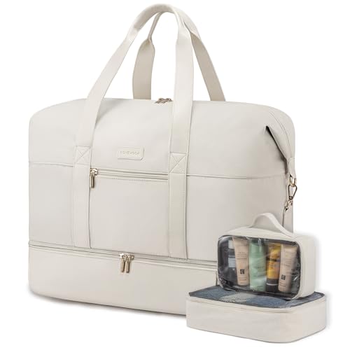 LOVEVOOK Weekender Reisetasche Damen Sporttasche Handgepäck Tasche Groß Kliniktasche Geburt Travel Bag Duffle Bag mit Kulturtasche Schuhfach für Flugzeug Reisen, Beige