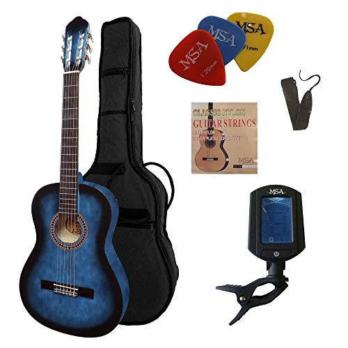 4/4 LINKSHAND GITARRE - KONZERTGITARRE SET FÜR LINKSHÄNDER - CLASSIC - BLAU-SCHATTIERT - DECKE LINDENHOLZ - TASCHE - BAND - SAITEN - 3xPIK - STIMMGERÄT ET33B - C23L