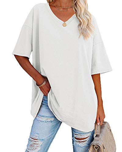 Ebifin Damen Oversize T Shirt mit V-Ausschnitt Kurzärmeliges Casual Lockere Basic Sommer Tee Shirts Bluse.Weiß.XL