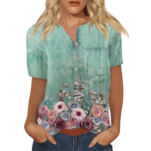 Bluse Damen Rundhals Mit 3/4-Ärmeln Geometrischem Blumendruck Knöpfen Damenblusen Übergröße Mode Lässiges Hemden Oberteile Damen Elegant Blusenshirt Damen Oberteil Sommerblusen Grün S