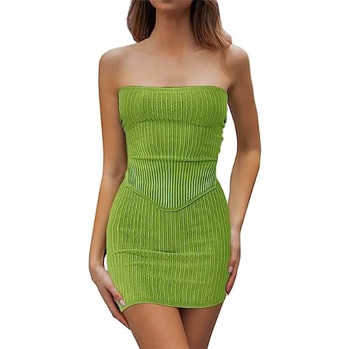 Zweiteiliges Set für Damen, gestrickt, unregelmäßig, Röhrenoberteil, kurzer Rock, rückenfrei, sexy, kurzer Rock, Paket, Hüftrock Damen Tüllrock (Green, XL)