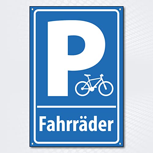 Hochwertiges Schild aus Alu-Dibond mit UV-Schutzlackierung " PARKPLATZ FAHRRAD " 200 x 300 mm rechteckig | Fahrradparkplatz | Hinweisschild blau weiß mit Lochbohrung