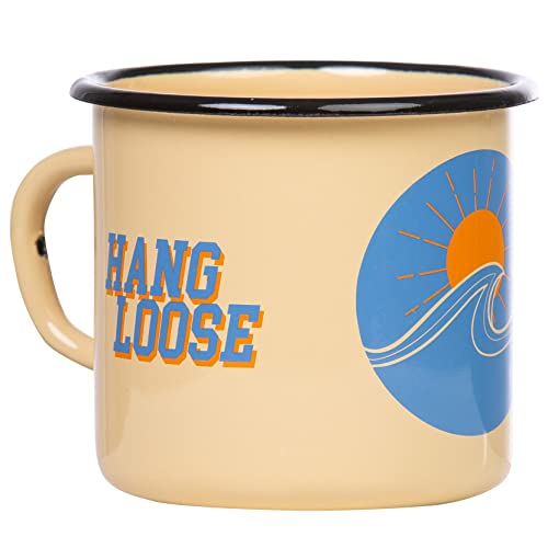 MUGSY Emaille Tasse, Hang loose, 330 ml, Wellen Motiv, Surf, Strand, Sonne, Camping Ausrüstung, beige