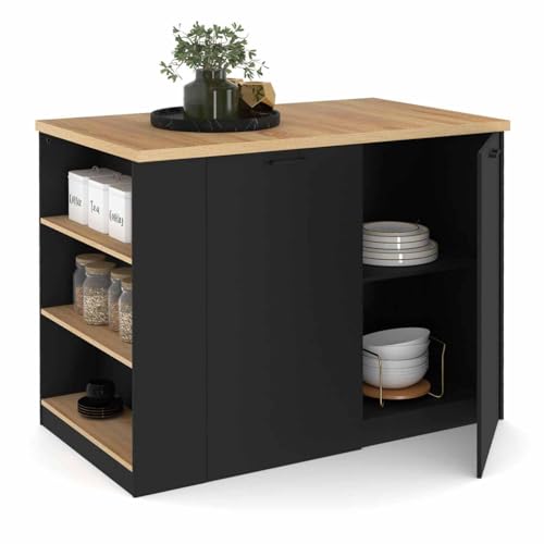 IDMarket - Zentralinsel TIBO 120 cm Holz schwarz mit Arbeitsplatte in Buche-Optik