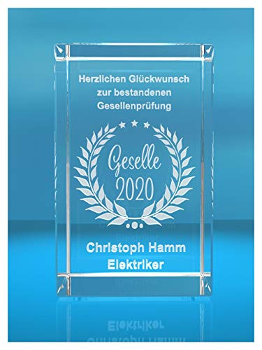 ELUNO 3D Glasquader | Geselle + Jahreszahl | Glückwunsch mit Wunschtext | Geschenk zur Gesellenprüfung