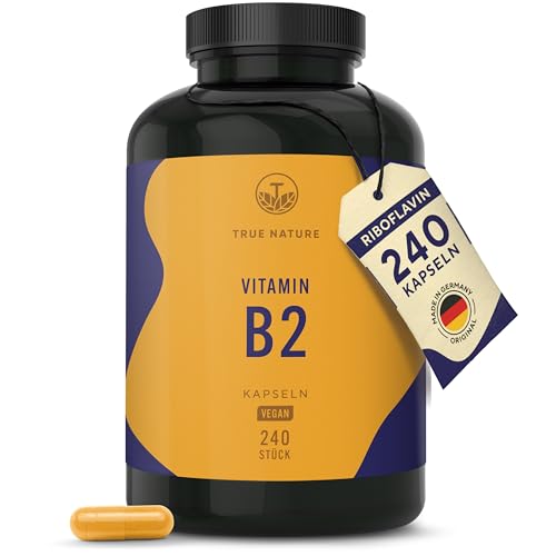 Vitamin B2 Riboflavin - Hochdosiert: 250mg Riboflavin - 240 Kapseln (Big Pack) - Unterstützt Energiestoffwechsel, Haut und Nerven - Laborgeprüft - Vegan & Deutsche Produktion - TRUE NATURE