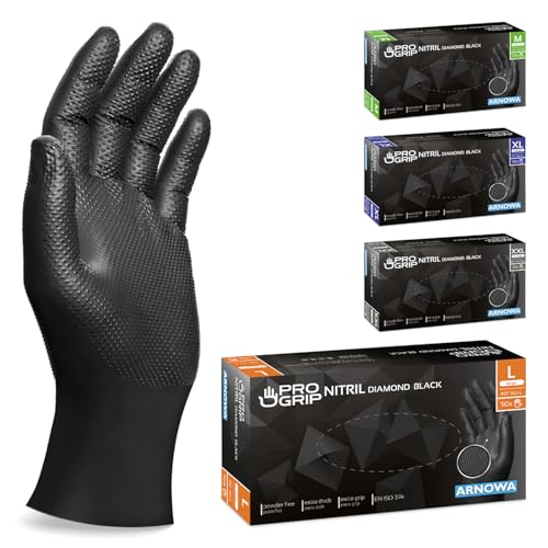 PROGRIP Einweghandschuhe Diamant Grip, Schwarz, Einmalhandschuhe Extra Stark, Nitrilhandschuhe Gr. L, 2x dicker, Handschuhe Einweg, Arbeitshandschuhe für Werkstatt & Montage, 50 Stk/Box