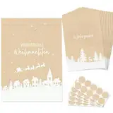 BETESSIN Papiertüten Weihnachten - 50 Stück 13x18cm Weihnachtstüten mit Schneelandschaft Motiv - Kraftpapier Geschenktüten Weihnachten - Adventskalender Tüten zum Befüllen mit Geschenkaufkleber