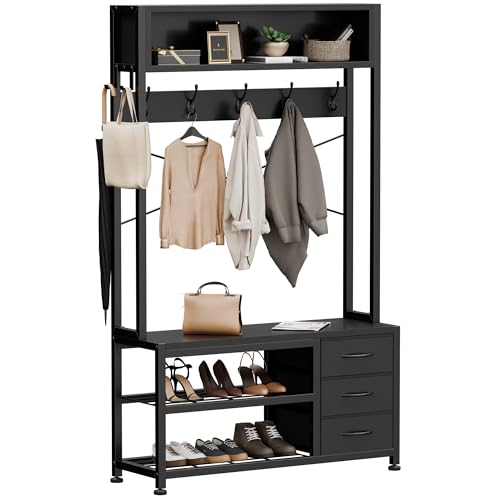 Buluri Garderobenständer mit Schuhablage, Garderobe mit Sitzbank, 12 Haken, 3 Schubladen und 1 Ablagefläche, Metallrahmen, 30 x 80 x 180 cm, für Flur Eingänge (Schwarz)