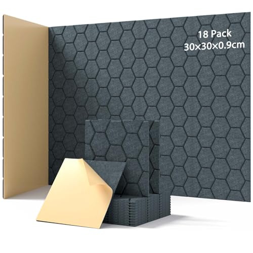 18 Stück Akustikplatten Selbstkleben, Schallabsorber, 30x30x0.9cm, Schalldämmung Wand tür Decken, Akustikpaneele für Gaming Deko, Büros, Studios, Schallschutzplatten (Dunkelgrau)